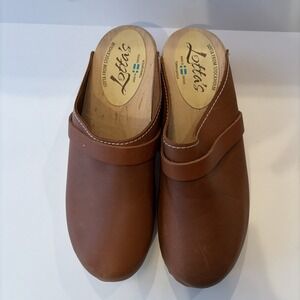 Lotta From Stockholm Brown Leather Swedish Wood Clogs Rubber Sole EU 42
